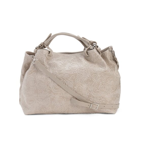 ISADORA Ivory Made In Italy Leather Tooled Tote